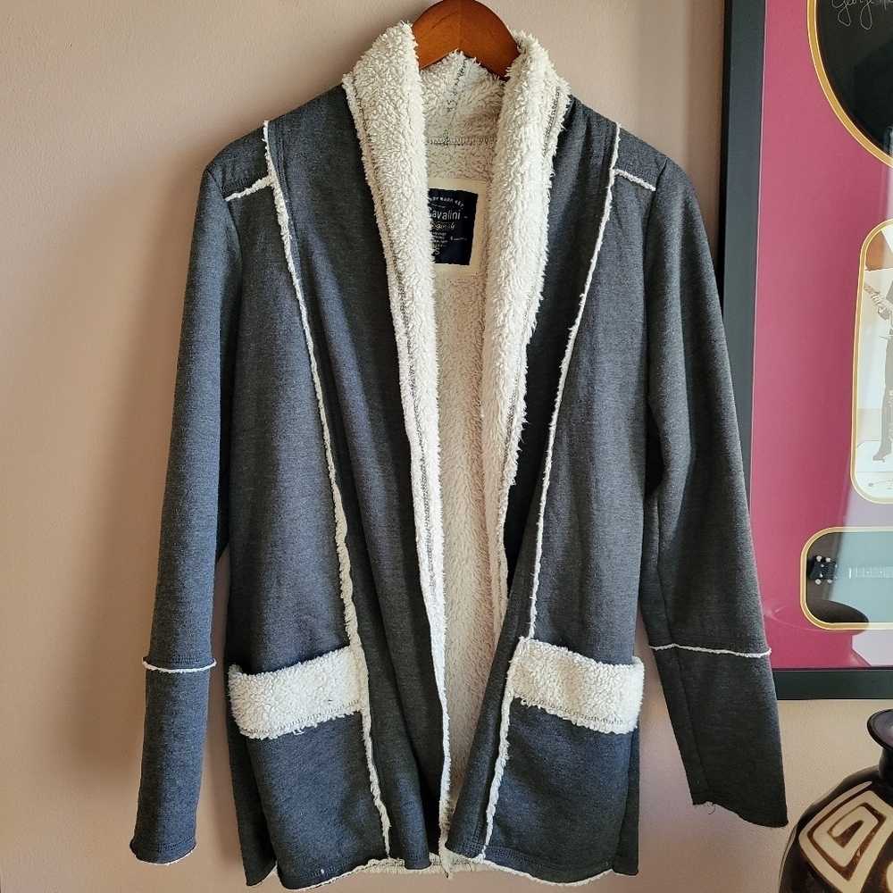 Cavalini Sherpa Jacket Small Open Front Pockets Lightweight Dark Grey Cardigan - Picture 2 of 12